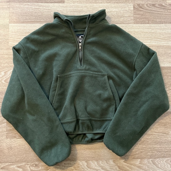 Olive Green Cropped 1/4 Zip Fleece Sweatshirt - Picture 1 of 4